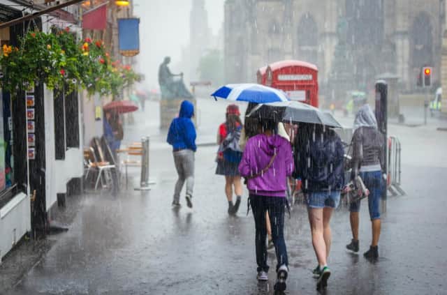 People walking in the rain on the Royal Mile