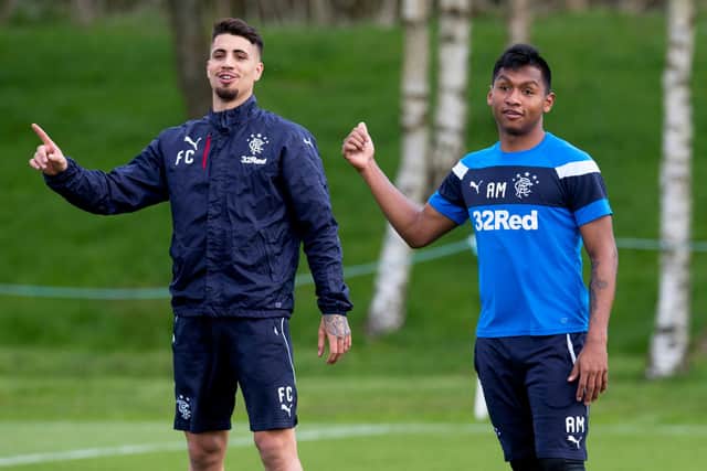 Cardoso with Alfredo Morelos during a Rangers training session