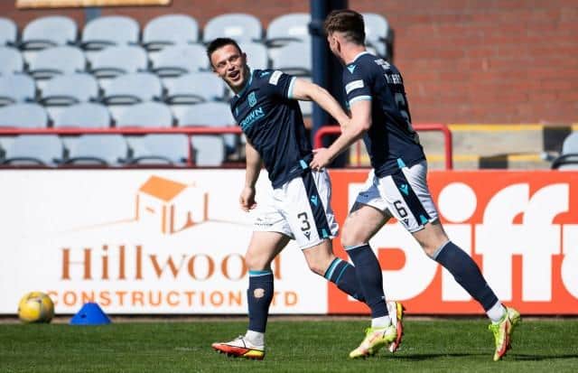 Jordan Marshall (L) was all smiles in the first half but a 1-1 draw was 'bitter-sweet' for Dundee. (Photo by Paul Devlin / SNS Group)