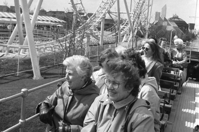 Visitors to the Glasgow Garden Festival get a good view of the rollercoaster from the top of a Paisley District tram in May 1988.