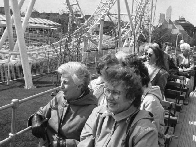 Visitors to the Glasgow Garden Festival get a good view of the rollercoaster from the top of a Paisley District tram in May 1988.