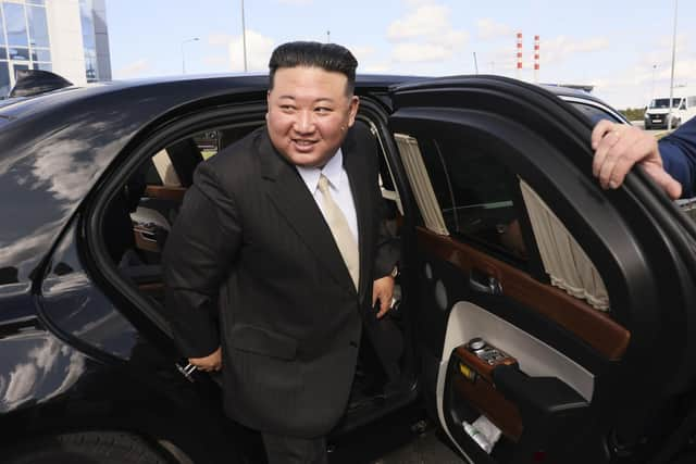 North Korea's leader Kim Jong-Un arrives for his meeting with Russian president Vladimir Putin at the Vostochny cosmodrome outside the city of Tsiolkovsky. Picture: Mikhail Metzel, Sputnik, Kremlin Pool Photo via AP