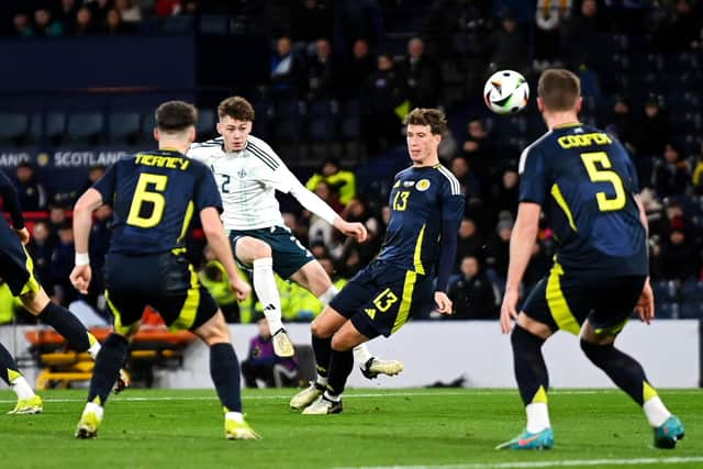 Conor Bradley scores to make it 1-0 to Northern Ireland against Scotland at Hampden.