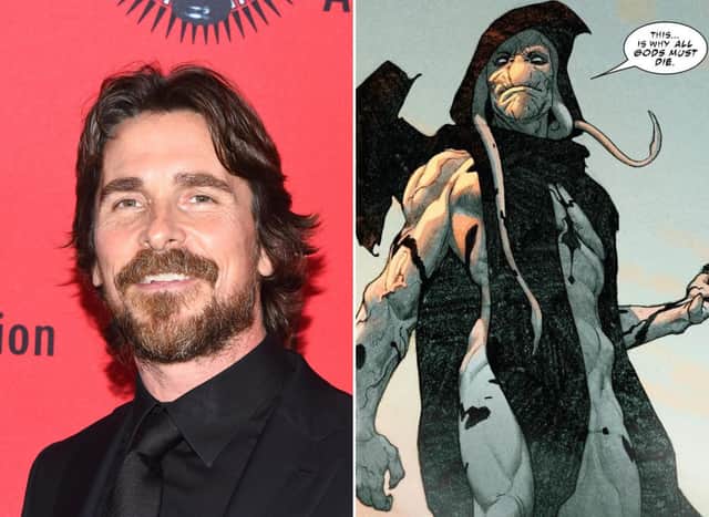 Christian Bale has been cast as Gorr the God Butcher in Thor: Love and Thunder. Photo: Frazer Harrison/Getty Images & Marvel Comics.
