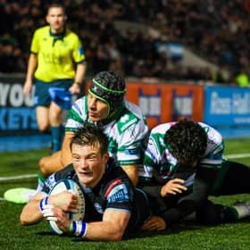 George Horne  scores Glasgow's fourth try in the win over Benetton. (Photo by Ross MacDonald / SNS Group)