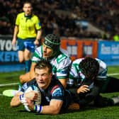 George Horne  scores Glasgow's fourth try in the win over Benetton. (Photo by Ross MacDonald / SNS Group)