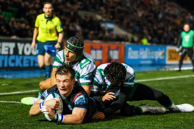 George Horne  scores Glasgow's fourth try in the win over Benetton. (Photo by Ross MacDonald / SNS Group)