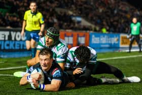 George Horne  scores Glasgow's fourth try in the win over Benetton. (Photo by Ross MacDonald / SNS Group)