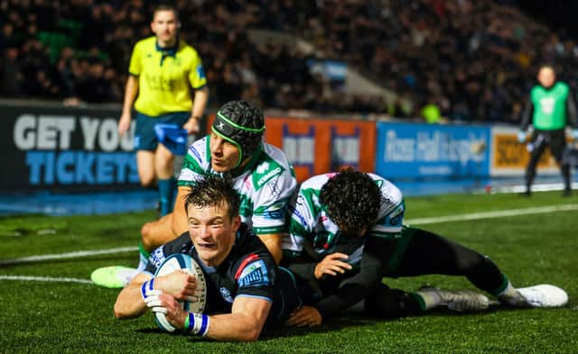 George Horne scores Glasgow's fourth try in the win over Benetton. (Photo by Ross MacDonald / SNS Group)