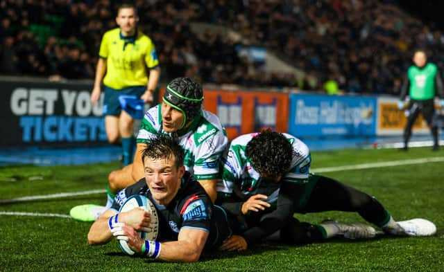 George Horne  scores Glasgow's fourth try in the win over Benetton. (Photo by Ross MacDonald / SNS Group)