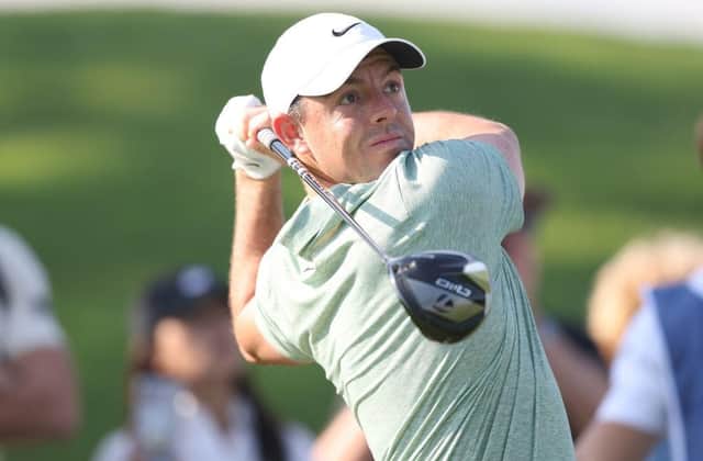 Rory McIlroy tees off on the 11th hole at Dubai Creek Golf and Yacht Club during the first round of the Dubai Invitational. Picture: Warren Little/Getty Images.