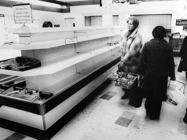 Customers look for supplies in a near empty market due to a lorry drivers strike in the winter of discontent. Picture: Getty
