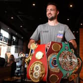 Scottish undisputed Super-Lightweight World Champion Josh Taylor with all four belts following his historical win over Jose Ramirez in Las Vegas. Picture: John Devlin