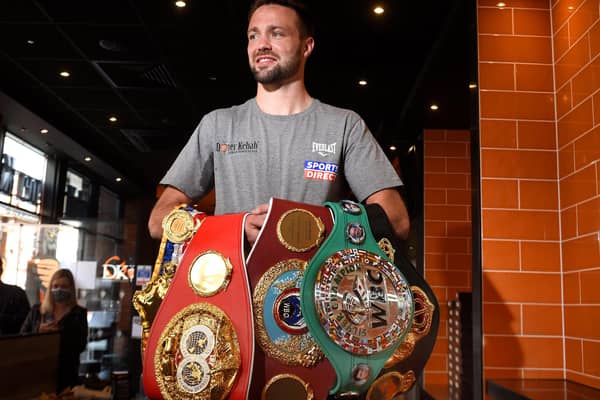 Scottish undisputed Super-Lightweight World Champion Josh Taylor with all four belts following his historical win over Jose Ramirez in Las Vegas. Picture: John Devlin