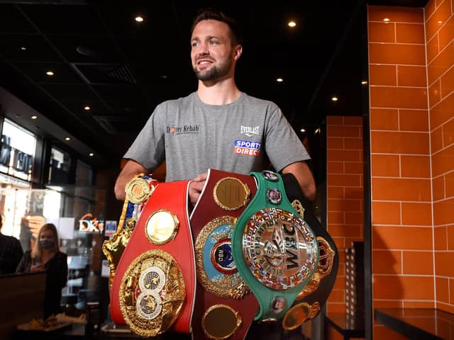 Scottish undisputed Super-Lightweight World Champion Josh Taylor with all four belts following his historical win over Jose Ramirez in Las Vegas. Picture: John Devlin
