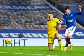 Ianis Hagi breaks the deadlock for Rangers against Hibs at Ibrox as he slots the ball home from close range in the 33rd minute. (Photo by Rob Casey / SNS Group)