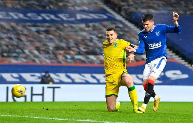 Ianis Hagi breaks the deadlock for Rangers against Hibs at Ibrox as he slots the ball home from close range in the 33rd minute. (Photo by Rob Casey / SNS Group)