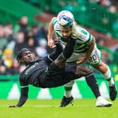 Hibs' Elie Youan was sent off for a second booking following this incident with Celtic's Cameron Carter-Vickers.