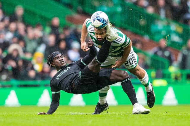Hibs' Elie Youan was sent off for a second booking following this incident with Celtic's Cameron Carter-Vickers.