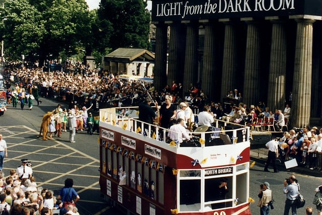 The Edinburgh Evening News bus float (which was made up to resemble a vintage tramcar) at the Edinburgh International Festival Cavalcade in 1995.