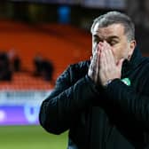 An emotional Ange Postecoglou after full-time as Celtic clinch the Premiership title with a 1-1 draw at Dundee United. (Photo by Craig Williamson / SNS Group)