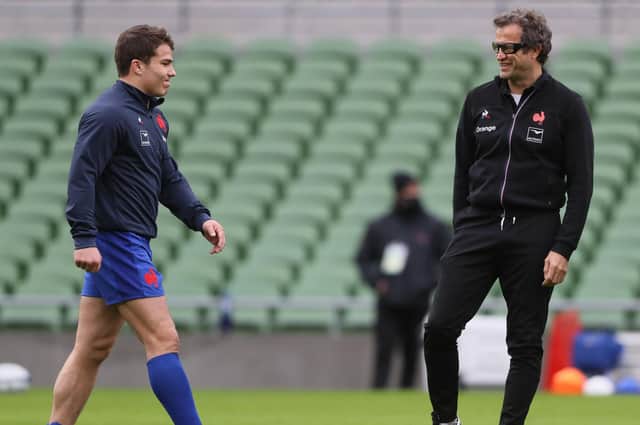 France's head coach Fabien Galthie, right, and star scrum-half Antoine Dupont have both tested positive for Covid-19. Picture: Brian Lawless/AFP via Getty Images