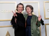 (L-R) Frances McDormand, best actress winner for Nomadland, and Minari star Yuh-Jung Youn pose in the press room during the 93rd Annual Academy Awards at Union Station. Picture: Matt Petit/A.M.P.A.S. via Getty Images