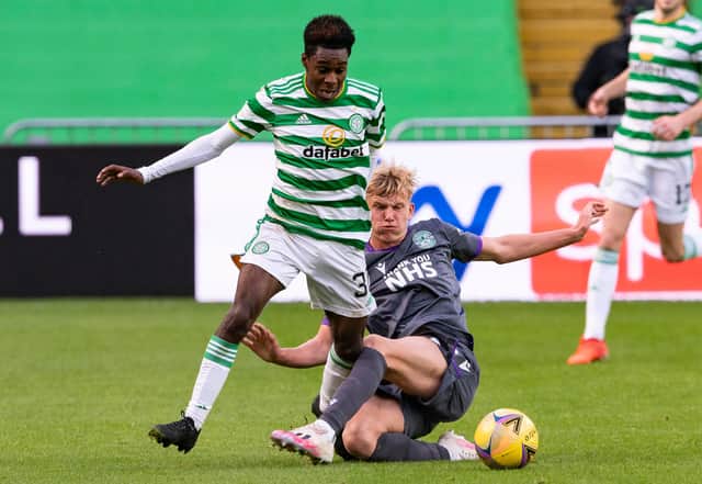 Hibs left-back Josh Doig found the going tough against Jeremie Frimpong during the 3-0 defeat by Celtic.