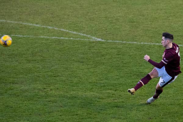 Jamie Walker strikes Hearts' first goal at Cappielow.