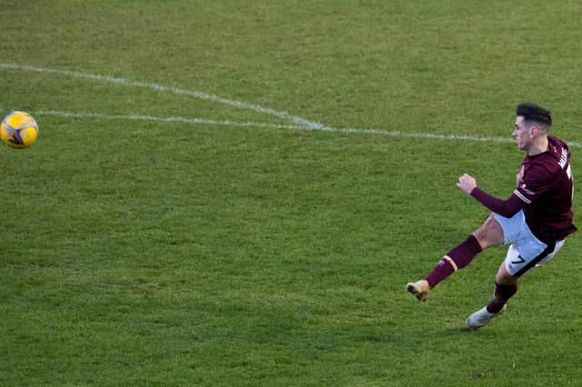 Jamie Walker strikes Hearts' first goal at Cappielow.