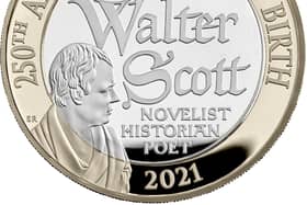 A £2 coin commemorating the 250th anniversary of the birth of Sir Walter Scott.