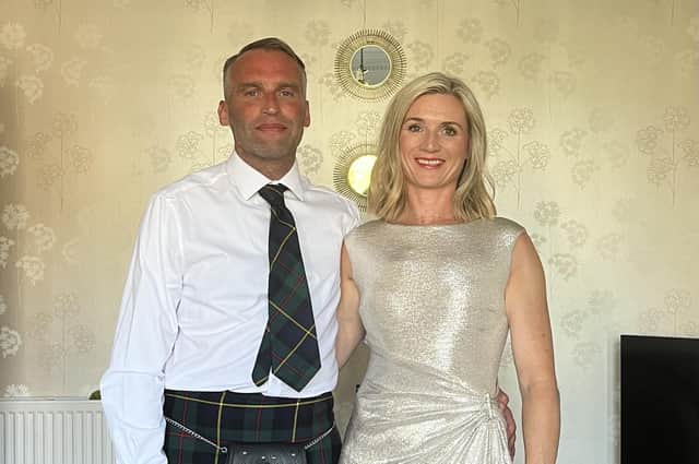 Neil and Carol McLeod on their wedding day in August 2020. Neil died in June from glioblastoma, a fast growing an aggressive brain tumour,  aged 45, with Carol spending what would have been the couple's third wedding anniversary on a fundraising walk to raise awareness of the 'neglected' cancer. PIC: Contributed.