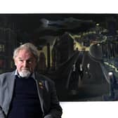 Alasdair Gray pictured with his mural, Cowcaddens Streetscape In The Fifties, in 2014 (Picture: John Devlin)