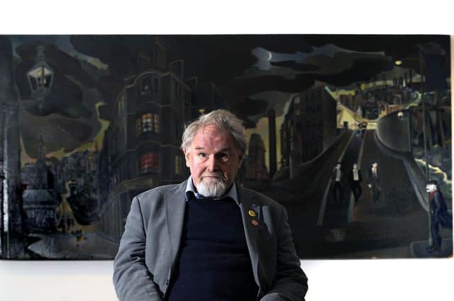Alasdair Gray pictured with his mural, Cowcaddens Streetscape In The Fifties, in 2014 (Picture: John Devlin)