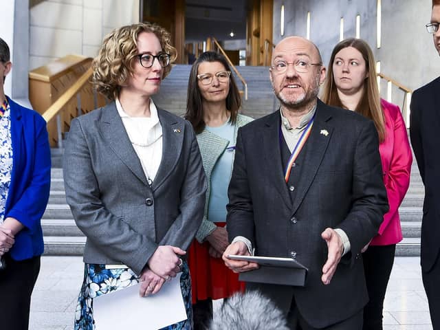 Lorna Slater and Patrick Harvie, flanked by their fellow Scottish Green MSPs. Image: Lisa Ferguson/National World.
