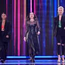 Eurovision Song Contest presenters Alesha Dixon, Julia Sanina and Hannah Waddingham on stage during the first dress rehearsal for the first semi-final.