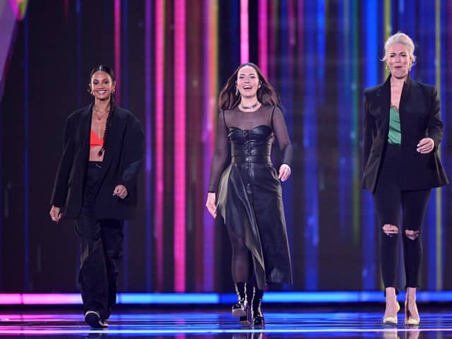 Eurovision Song Contest presenters Alesha Dixon, Julia Sanina and Hannah Waddingham on stage during the first dress rehearsal for the first semi-final.