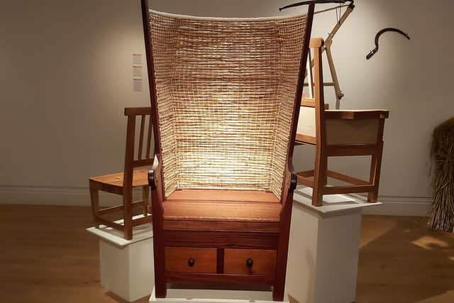 A Fair Isle chair in the straw back style, which was made by Eve Eunson and is now on show at Shetland Museum. PIC: Eve Eunson.