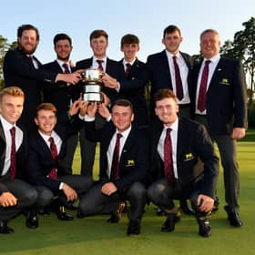 Captain of Great Britain & Ireland, Stuart Wilson, and his team pose after winning the St Andrews Trophy. Picture: The R&A