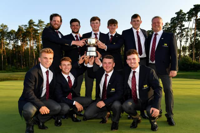 Captain of Great Britain & Ireland, Stuart Wilson, and his team pose after winning the St Andrews Trophy. Picture: The R&A