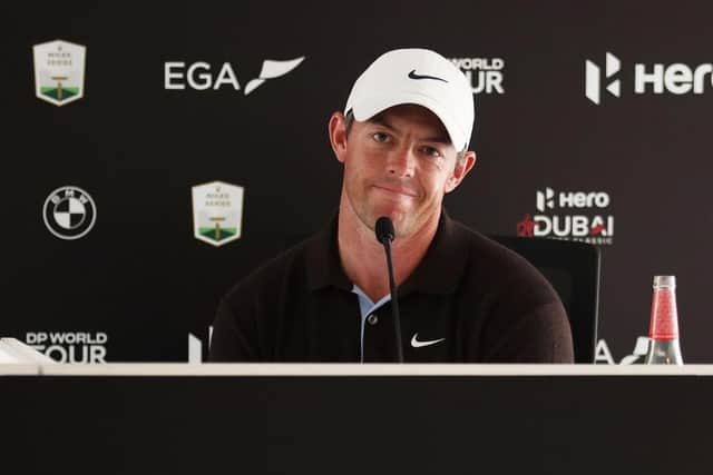 Rory McIlroy's incredulous facial expression says it all after he was asked about 'Tee-Gate'' involving Patrick Reed in the build up to Hero Dubai Desert Classic at Emirates Golf Club. Picture: Warren Little/Getty Images.
