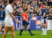 Referee Nika Amashukeli shows a red card to Grant Gilchrist during the France v Scotland game.  (Photo by Malcolm Mackenzie/ProSports/Shutterstock)