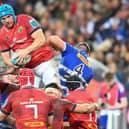 Munster's lock Tadhg Beirne (top L) handles the ball in the line-out during the URC final against Stormers.