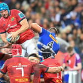 Munster's lock Tadhg Beirne (top L) handles the ball in the line-out during the URC final against Stormers.