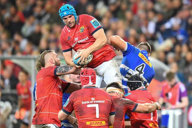 Munster's lock Tadhg Beirne (top L) handles the ball in the line-out during the URC final against Stormers.