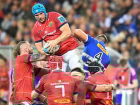Munster's lock Tadhg Beirne (top L) handles the ball in the line-out during the URC final against Stormers.