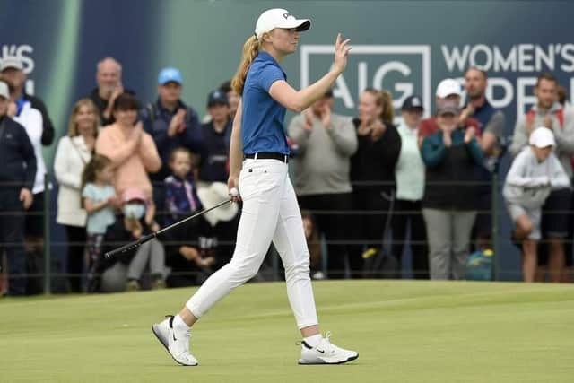 Louise Duncan acknowledges the applause from the fans on the 18th during day the final round of the 2021 AIG Women's Open at Carnoustie. Picture: Ian Rutherford/PA Wire.