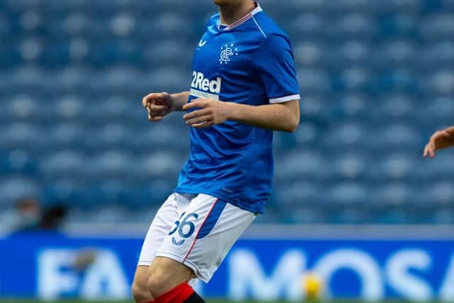 Jamie Barjonas in action for Rangers during a pre-season friendly match between Rangers and Motherwell at Ibrox Stadium, on July 22, 2020, in Glasgow, Scotland.