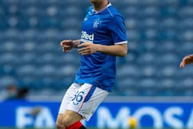 Jamie Barjonas in action for Rangers during a pre-season friendly match between Rangers and Motherwell at Ibrox Stadium, on July 22, 2020, in Glasgow, Scotland.
