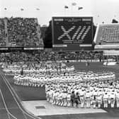 A view of children performing their dance routines at the opening ceremony of the Edinburgh Commonwealth Games 1986, at Meadowbank stadium.